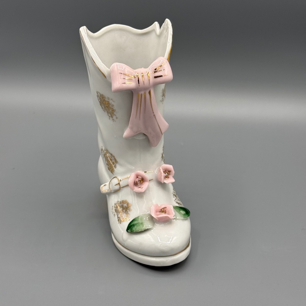 Vintage Porcelain Cowboy Boot Figurine Bud Vase‎ Pink Roses Gold Gilt White 5.5"